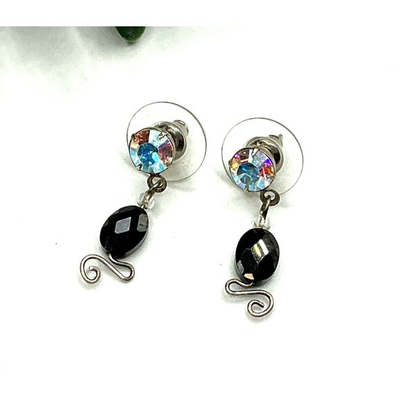Black Bead and Aurora Borealis Rhinestone Dangle Earrings - Picture 1 of 4